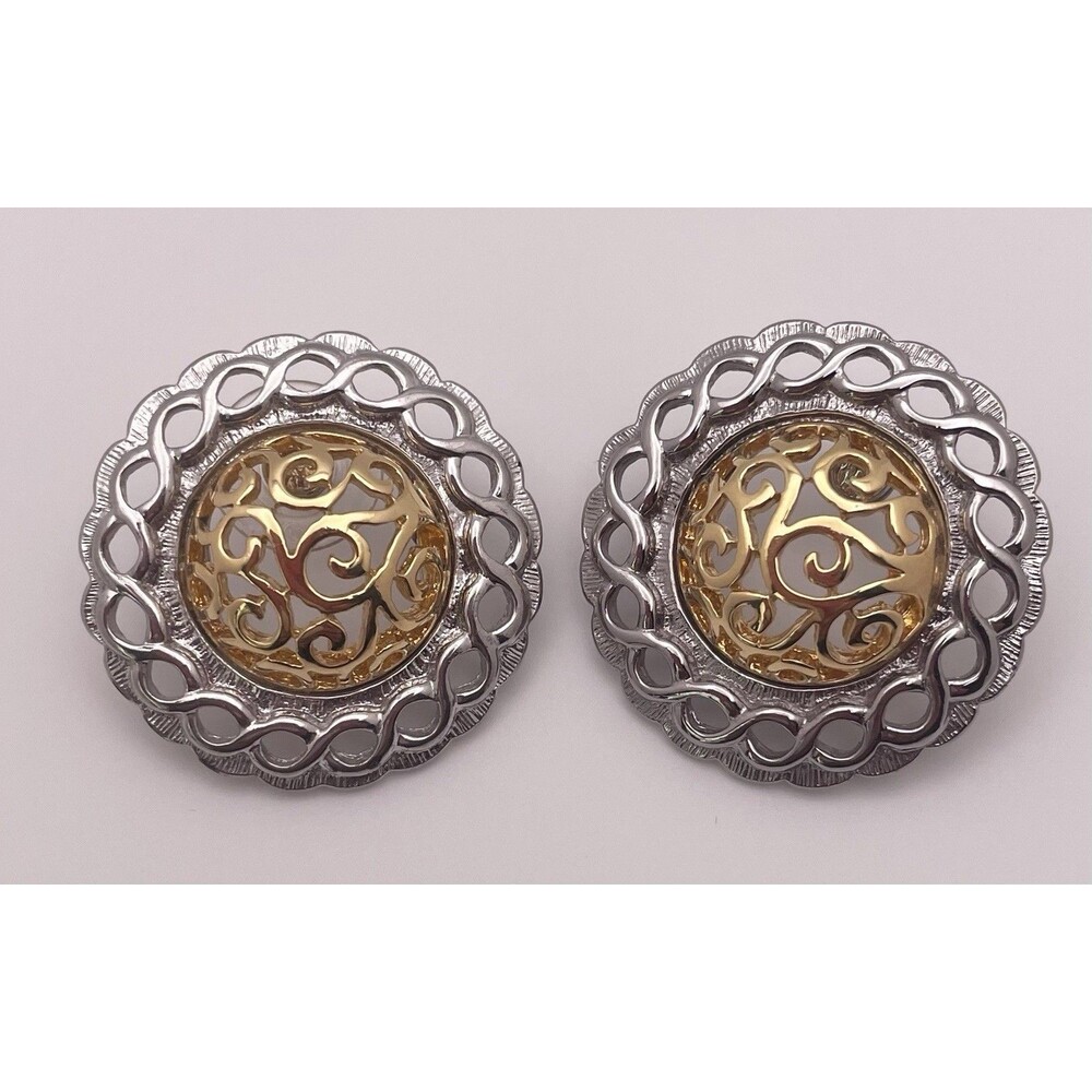 Vintage Daria Signed Gold Tone and Silver Tone Scroll Earrings Pierced
